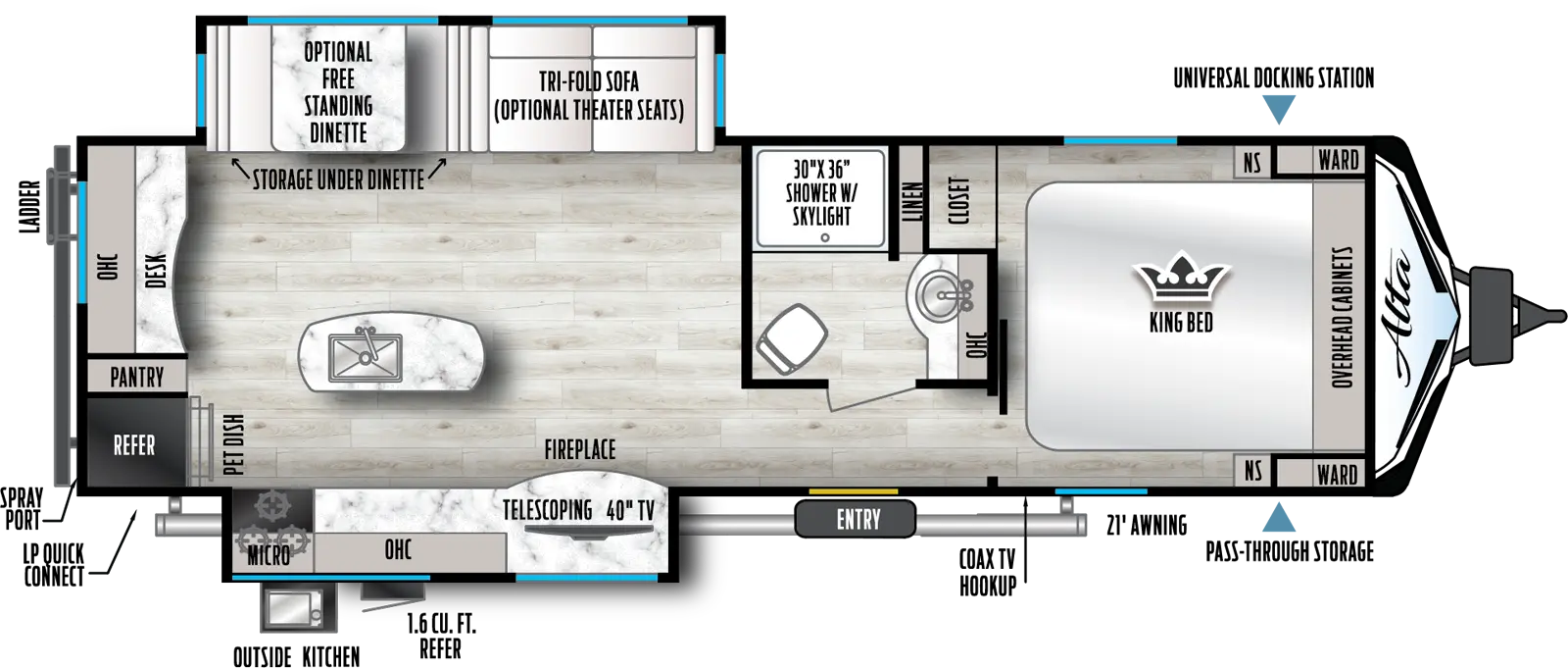 Has a super slide on the off-door-side with a booth and sleeper sofa that can be optioned with theater seats IPO the sofa or table and chairs IPO the booth as well as a kitchen slide on the door-side of the unit. There is one entry about mid-way down on the awning or door-side of the unit. Layout from front to back:  there is a King size bed that runs north and south with an bedroom door that’s on the far left or door-side of the bedroom. It leads into a hall with a side isle bath to the right with a 30x36 shower with linen storage next to it, a vanity and porcelain toilet. Continuing down the hall from the bedroom  toward the rear of the unit is the entry on the door-side followed by the living area / kitchen. To the right or the off-door side is the super slide. In the center is a kitchen island with a sink. On the door-side past the entry is the kitchen slide with a TV and fireplace below followed by kitchen cabinets with overheads with a range and microwave above which ends in the rear door-side corner of the unit. Across the back is the refer, pantry and storage. In the rear off-door side is a small desk area.

